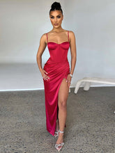 Elegant Satin Spaghetti Strap High Split Midi Dress For Women Robe  Backless Ruched Party Long Dresses Vestido